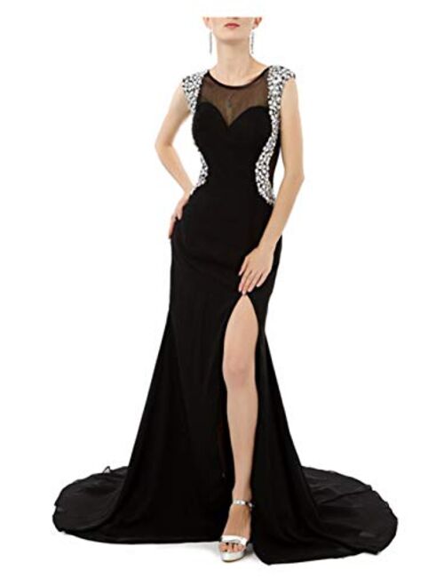 YHFDRESS Crystal Mermaid Evening Dresses Illusion Back Split Formal Gowns Beaded Prom Dresses