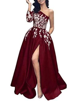 Prom Dress Long Sleeves Formal Evening Dresses Lace Evening Gowns One Shoulder Prom Dresses with Split