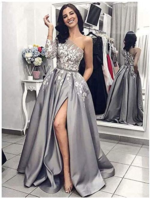 Prom Dress Long Sleeves Formal Evening Dresses Lace Evening Gowns One Shoulder Prom Dresses with Split