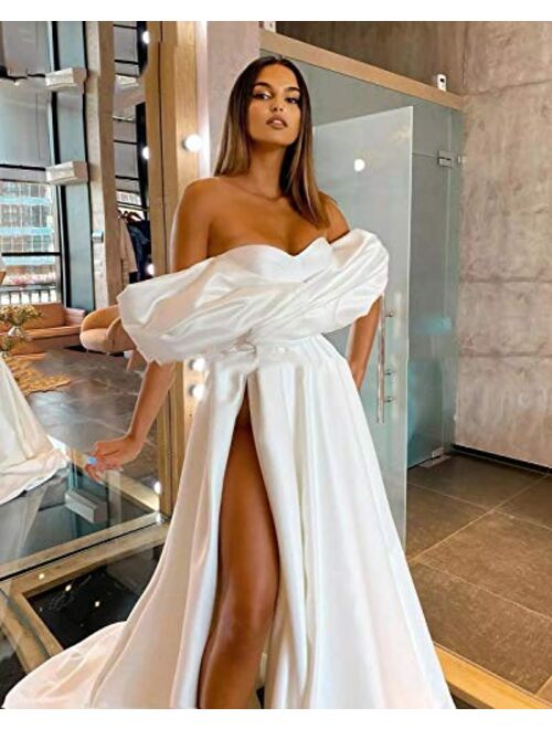 Smart Bride Women's Sexy Slit Prom Dresses 2021 Long Puffy Sleeve Off Shoulder Sweetheart Ball Gowns Satin Wedding Dress