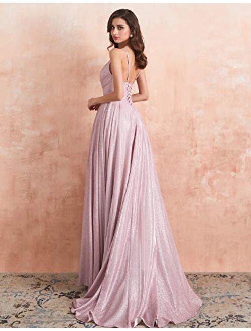 ALFEICE Long Prom Dresses V Neck Spaghetti Sparkling Formal Evening Gown High Slit Maxi Dress