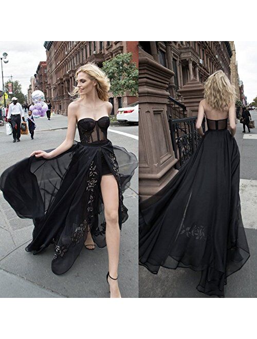 Kelaixiang Sweetheart Strapless Printed Flower Black Evening Gown Split