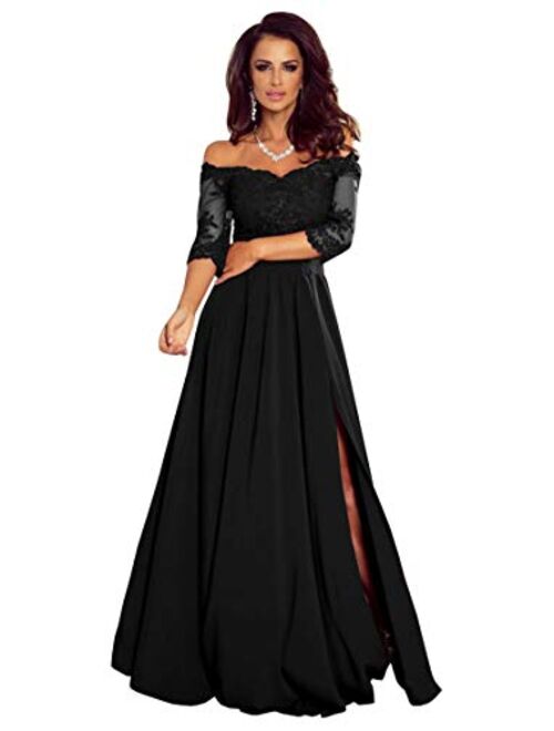 Women's Off The Shoulder Half Sleeves Lace Mother of The Bride Dresses Chiffon Formal Evening Gowns with Slit