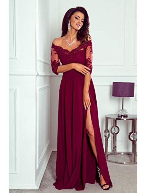 Women's Off The Shoulder Half Sleeves Lace Mother of The Bride Dresses Chiffon Formal Evening Gowns with Slit