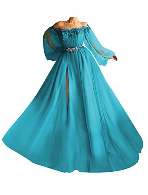 Tulle Puffy Ball Gowns Off Shoulder with Sleeves Beaded Princess Split Prom Dresses for Women Formal