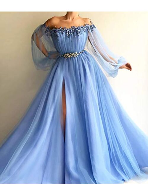 Tulle Puffy Ball Gowns Off Shoulder with Sleeves Beaded Princess Split Prom Dresses for Women Formal