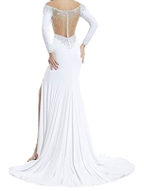 Sweet Bridal Women's Long Sleeve Off Shoulder Split Rhinestone Evening Dress
