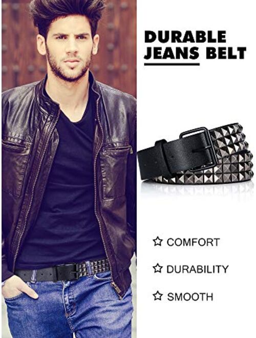 2 Pieces Studded Belt Stud Black Belt Pyramid Metal Belt for Jeans, Pants, Black, Silver