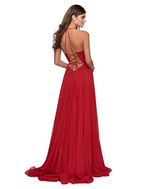 Women’s Chiffon Lace Halter Backless Wrap Slit Prom Dress Long Formal Evening Gown