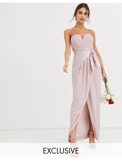 TFNC Bridesmaid bandeau maxi wrap dress with satin front detail in taupe