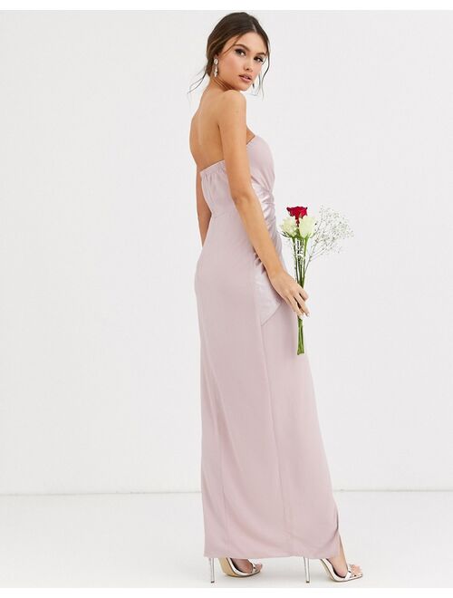 TFNC Bridesmaid bandeau maxi wrap dress with satin front detail in taupe