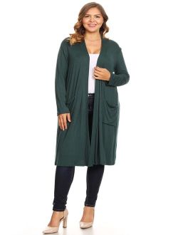 MOA COLLECTION Women's Solid Casual Basic Plus Size Long Body Duster Cardigan with Pockets/Made in USA
