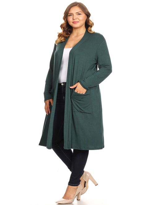 MOA COLLECTION Women's Solid Casual Basic Plus Size Long Body Duster Cardigan with Pockets/Made in USA