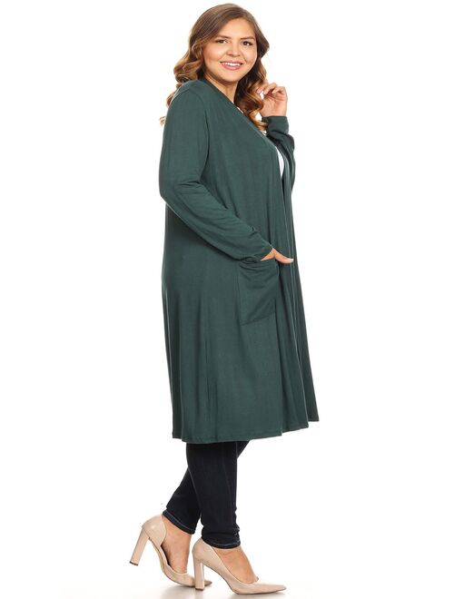 MOA COLLECTION Women's Solid Casual Basic Plus Size Long Body Duster Cardigan with Pockets/Made in USA