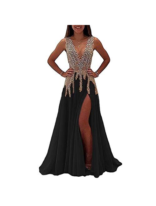 QueenBridal Womens Illusion Prom Dress With Slit Fancy Deep Evening Gown Qb979