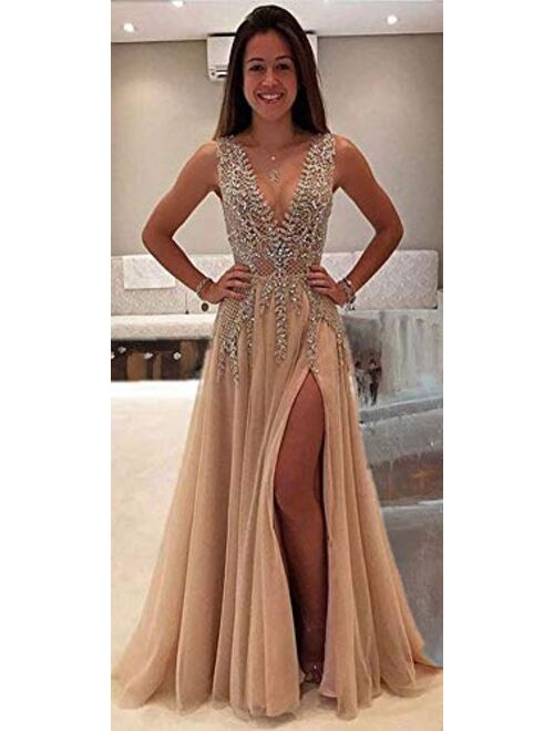 QueenBridal Womens Illusion Prom Dress With Slit Fancy Deep Evening Gown Qb979