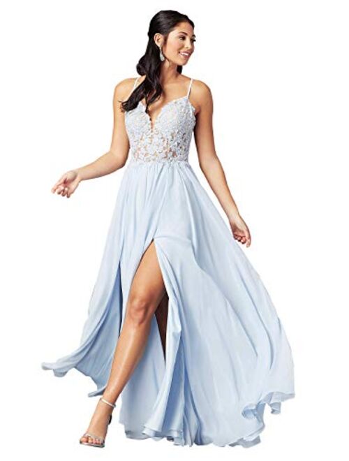 Spaghetti Straps V Neck Lace Bodice Bridesmaid Dress with Slit Long Evening Gown