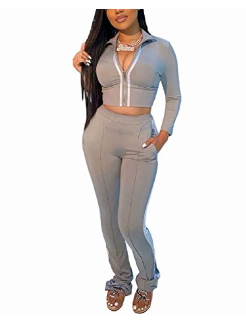 ThusFar Women's Tracksuit Two Piece Outfits Zip-Up Bodycon Crop Jacket Bootcut Pants Jogging Set Sportswear with Pockets