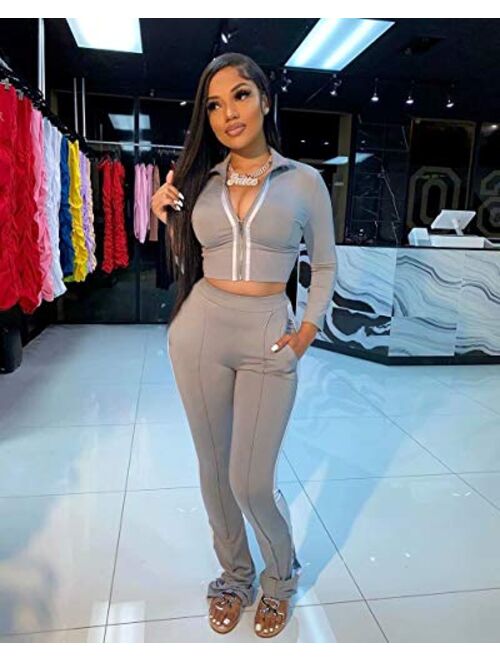 ThusFar Women's Two Piece Outfits Cold Shoulder Bodycon Jacket Pants Jogging Set Tracksuit Sportswear with Pockets Slit 