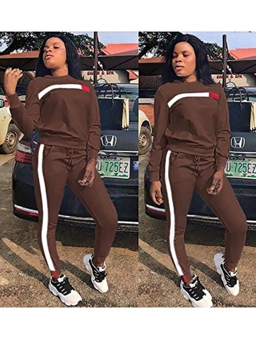QCHENG Plus Sweatsuits for Women 2PC Striped Long Sleeve Pullover Sweatshirt Long Sweatpants Tracksuits Sweatsuits Set