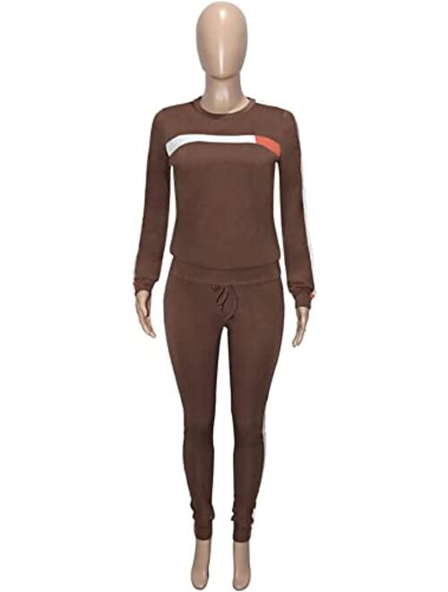 QCHENG Plus Sweatsuits for Women 2PC Striped Long Sleeve Pullover Sweatshirt Long Sweatpants Tracksuits Sweatsuits Set