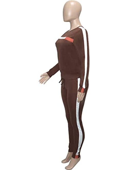 QCHENG Plus Sweatsuits for Women 2PC Striped Long Sleeve Pullover Sweatshirt Long Sweatpants Tracksuits Sweatsuits Set