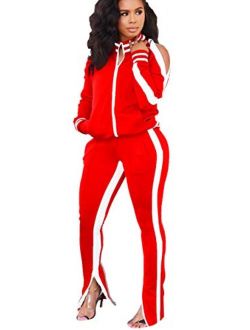 OLUOLIN Women's Two Piece Outfits Tracksuit - Cold Shoulder Jackets Long Sweatpants Bodycon Jogging Suit