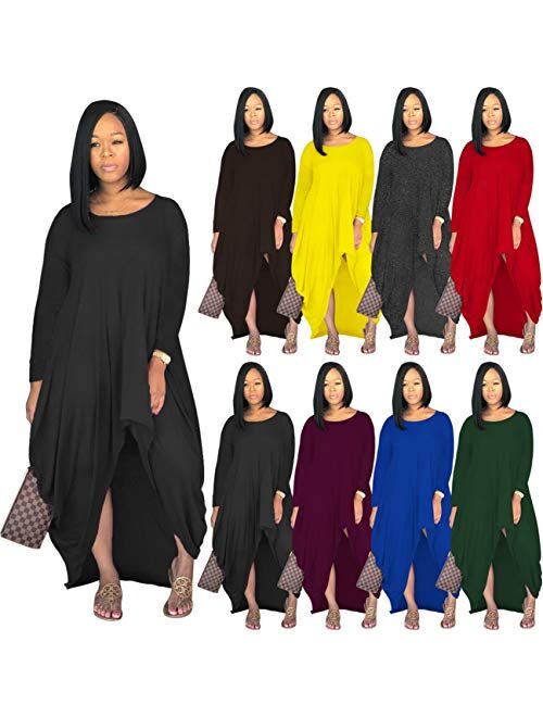 Women's Round Neck Short Sleeve High Low Pleated Loose Swing Casual Long Maxi T Shirt Dress