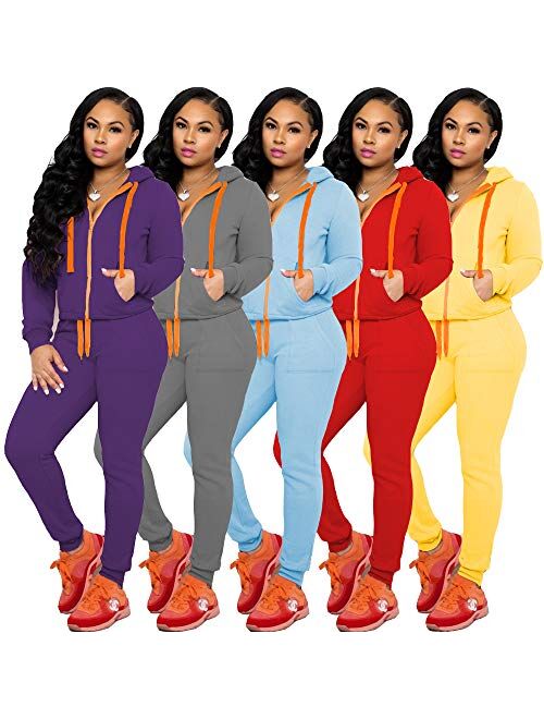Two Piece Outfits for Women Zip Up Hoodies with Sweatpants Sweat Suits Jogger Sets Yellow L