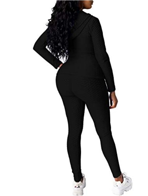 Ophestin Women Textured Hoodie 2 Piece Solid Sports Jumpsuits Outfits Zip-up Sweatshirts Jacket Pants Joggers Tracksuits Set