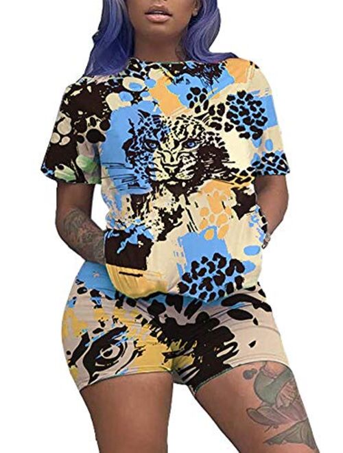 Mintsnow Two Piece Outfits for Women Shorts - Summer Printed T Shirts and Shorts Athletic Tracksuits Set