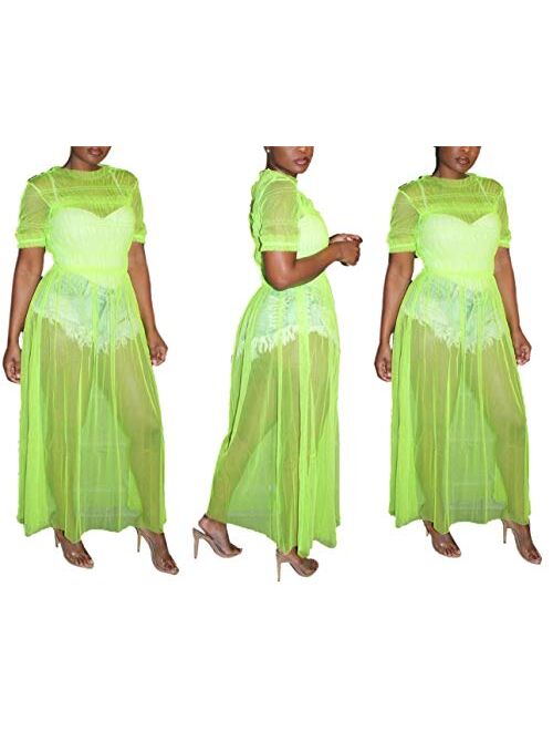 Mintsnow Women Sleeveless Sheer Mesh Bodycon Maxi Dress Bodysuit Party Clubwear