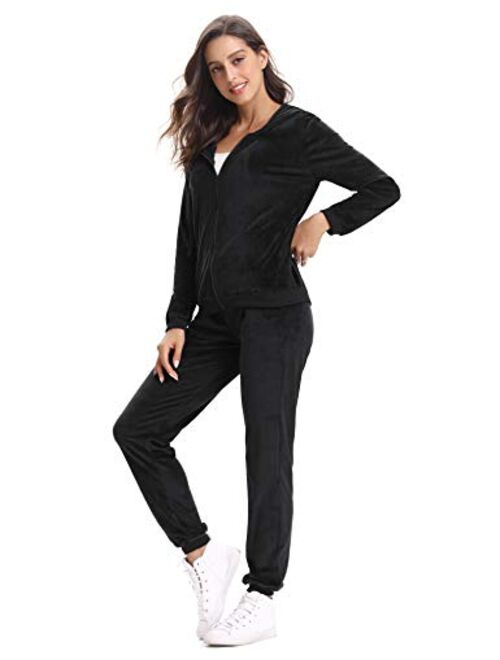 Abollria Women's Long Sleeve Solid Velour Sweatsuit Set Hoodie and Pants Sport Suits Tracksuits