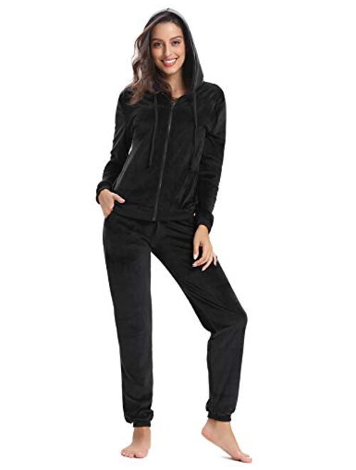 Abollria Women's Long Sleeve Solid Velour Sweatsuit Set Hoodie and Pants Sport Suits Tracksuits