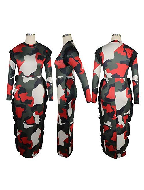Mintsnow Womens Sexy Bodycon Party Dresses - Long Sleeve Patchwork Ruffles Wrap Cocktail Maxi Dresses Clubwear