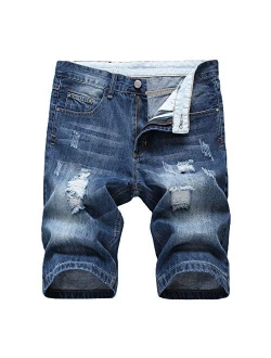 Denim Shorts for Men Summer Vintage Washed Ripped Distressed Short Pants Straight Fit Knee Length Casual Jean Shorts (32,Blue 1)