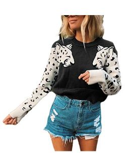 Women's Fall Sweaters Casual Cute Leopard Print Long Sleeves Knit Cropped Sweater Pullover Tops