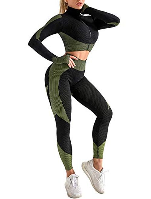 OLCHEE Women's 2 Piece Tracksuit Workout Set - High Waist Leggings and Crop Top