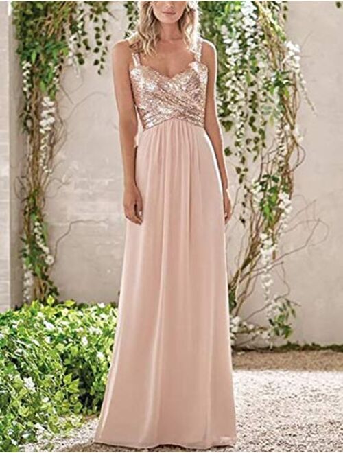 Lilyla Rose Gold Sequined Long Bridesmaid Dress A Line Sweetheart Prom Dress for Wedding