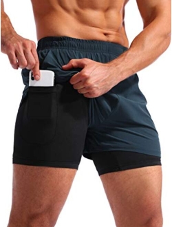 Men's 2 in 1 Running Athletic Shorts 5" Quick Dry Workout Shorts with Liner Zipper Pocket