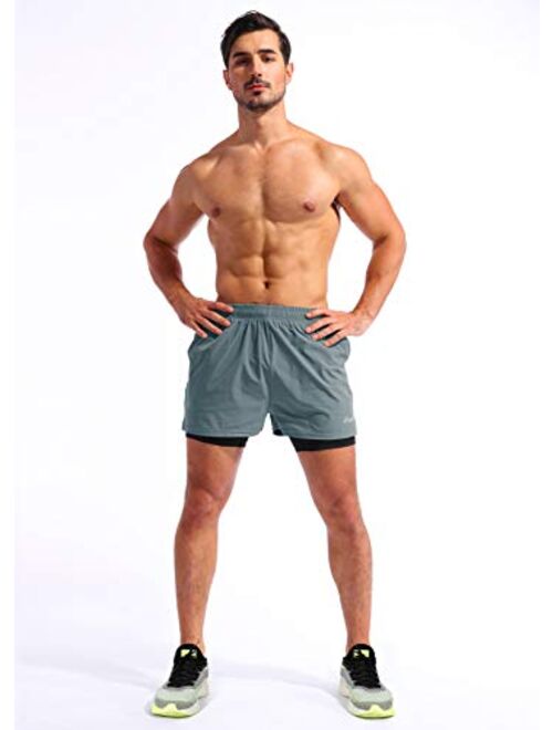 BALEAF Men's 2 in 1 Running Athletic Shorts 5" Quick Dry Workout Shorts with Liner Zipper Pocket