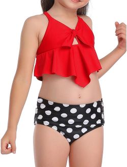 Listenwind Little Girls 2PCS Bikini Set Sling Floral/Solid Ruffle Hem Crop Front Knot Top Low Cut Polka Dot/Floral/Striped Panty Set