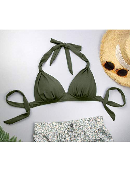 Balasami Womens Retro 50s Plaid Pattern Polka Dot Halter Molded Soft Pads Vintage Bikini Swimsuits Tops