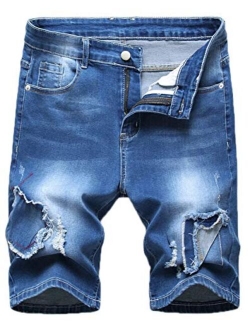 FEESON Men's Comfortable Washed Ripped Relaxed Denim Cropped Jeans Shorts