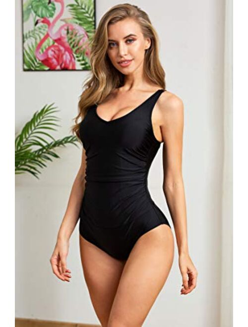 Upopby Women's One Piece Swimsuit Tummy Control Padded Athletic Training Swimwear V Neck Slimming Bathing Suit Plus Size