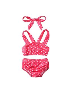 Infant Kids Baby Girls Swimwear Straps Dots Split Swimsuit Bikini Tops+Shorts+ Headbands 3 Piece Set