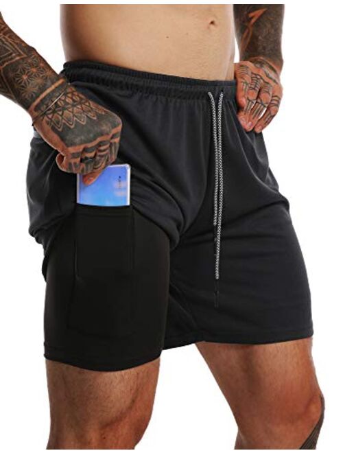 GYMBULLFIGHT Men's 2 in 1 Gym Sport Shorts 5" Compression Liner Workout Athletic Shorts for Men with Pockets