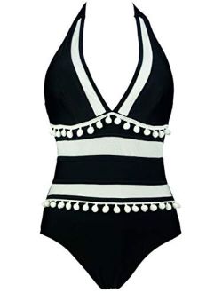 COCOSHIP Women's Plunging Neck Striped Mesh One Piece Backless Bather Swimsuit Pom Pom Tassel Swimwear
