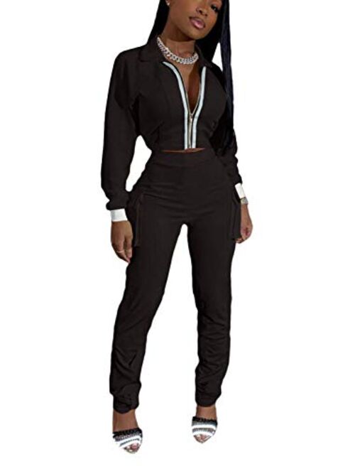 2 Piece Casual Solid Color Outfits Set for Womens, Long Sleeve Zipper Jacket Bodycon Pants Clubwear Tracksuit Sportswear