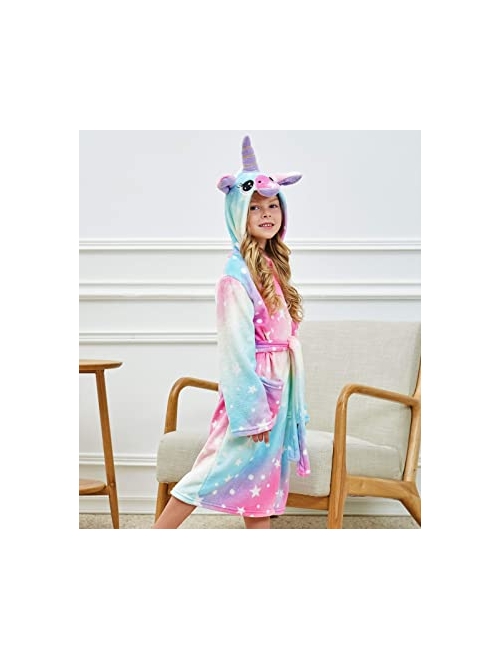HulovoX Girls Dressing Gown Unicorn Hooded Bathrobe with Slippers 